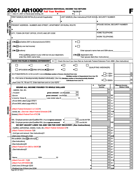 Form Ar1000 - Arkansas Individual Income Tax Return Full Year Resident - Ar Department Of Finance And Administration - 2001 Printable pdf