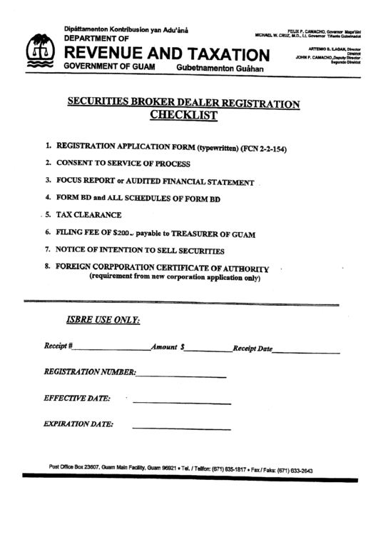 Securities Broker Dealer Registration Checklist - Government Of Guam Printable pdf
