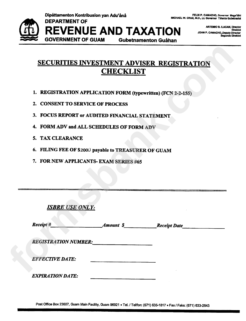 Securities Investment Adviser Registration Checklist - Government Of Guam
