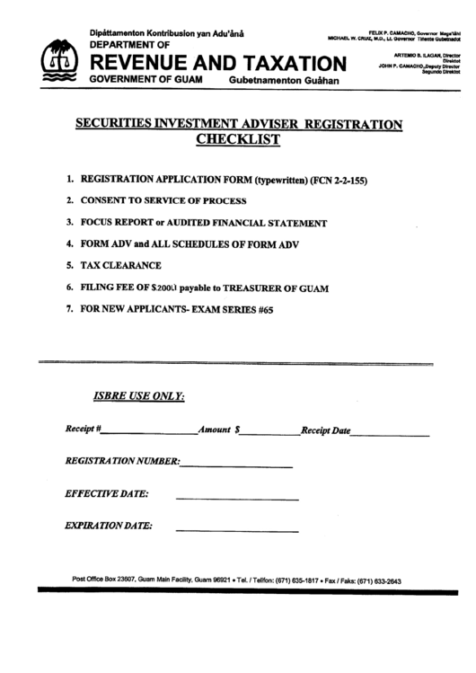 Securities Investment Adviser Registration Checklist - Government Of Guam Printable pdf