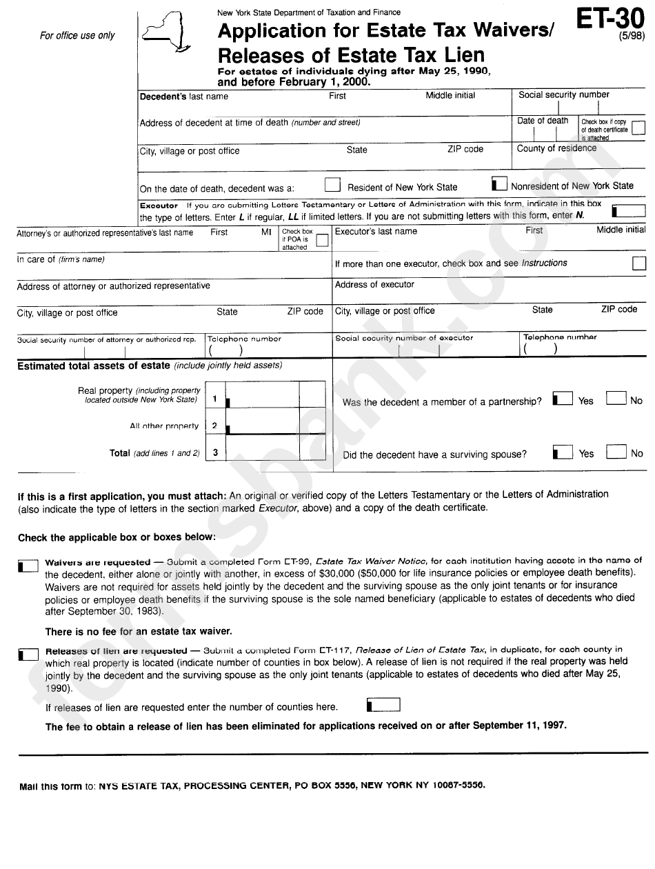 Form Et-30 - Application For Estate Tax Waivers/ Releases Of Estate Tax Lien - 1999
