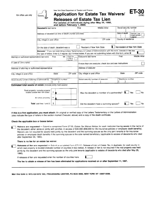 Fillable Form Et-30 - Application For Estate Tax Waivers/ Releases Of Estate Tax Lien - 1999 Printable pdf