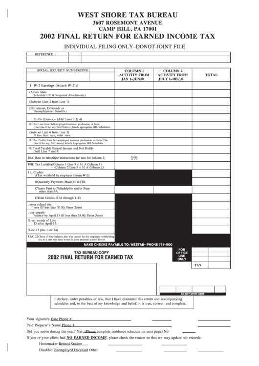 Final Return For Earned Income Tax - West Shore Tax Bureau Form 2002 Printable pdf