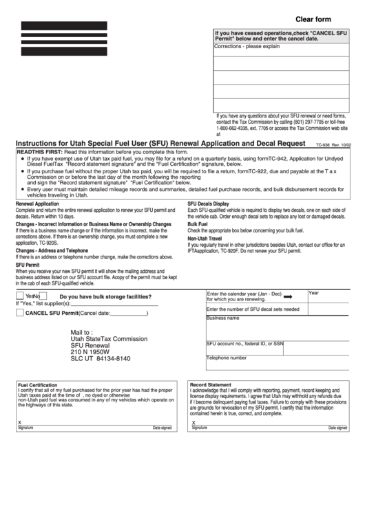Fillable Form Tc-938 - Utah Special Fuel User (Sfu) Renewal Application And Decal Request 2002 Printable pdf