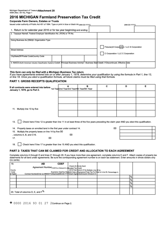 Form 4594 - Michigan Farmland Preservation Tax Credit - 2016 Printable pdf