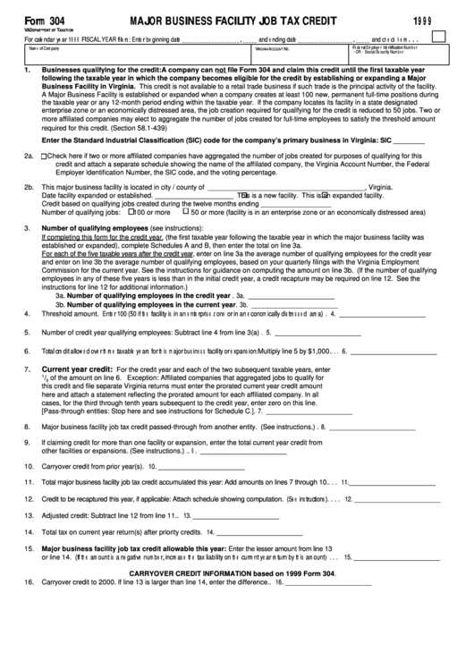 Form 304 - Major Business Facility Job Tax Credit - 1999 Printable pdf