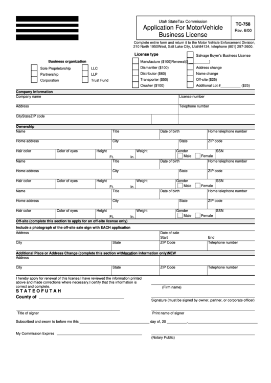 Form Tc-758 - Application For Motor Vehicle Business License 2000 Printable pdf