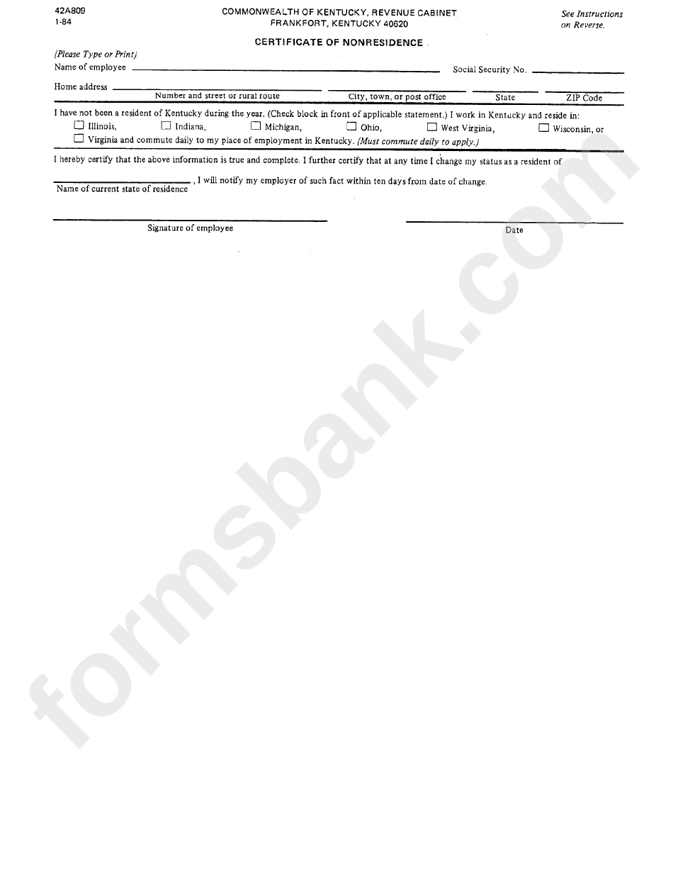 Form 42a809 - Certificate Of Nonresidence - Kentucky Revenue Cabinet