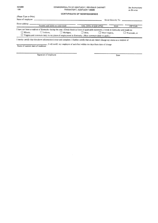 Form 42a809 - Certificate Of Nonresidence - Kentucky Revenue Cabinet Printable pdf