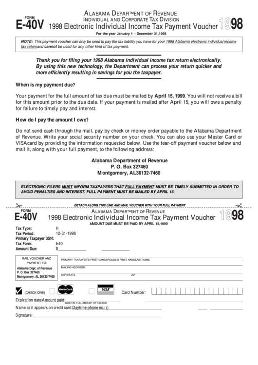 Fillable Form E-40v - Electronic Individual Income Tax Payment Voucher - 1998 Printable pdf