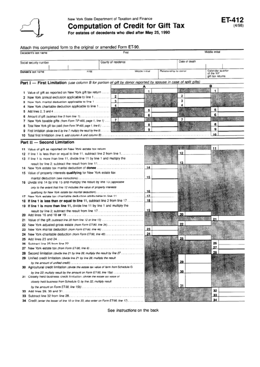 Fillable Form Et-412 - Computation Of Credit For Gift Tax - 1990 Printable pdf