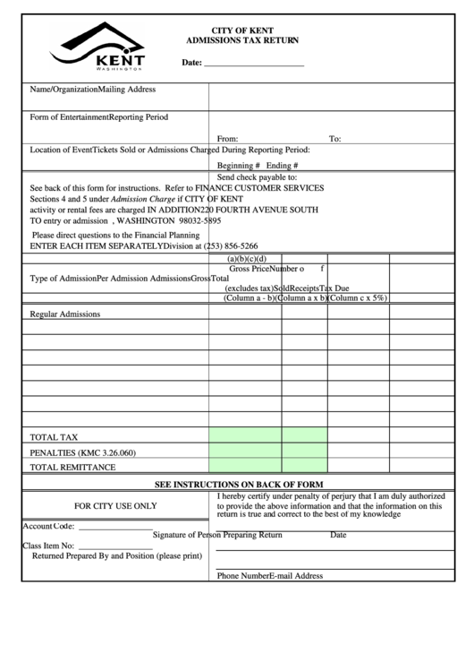 Admission Tax Return -City Of Kent Printable pdf