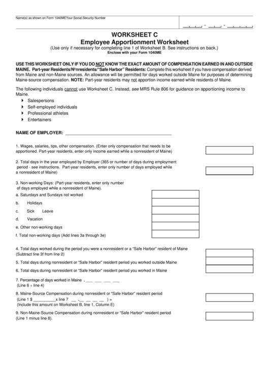Worksheet C - Employee Apportionment Worksheet Printable pdf