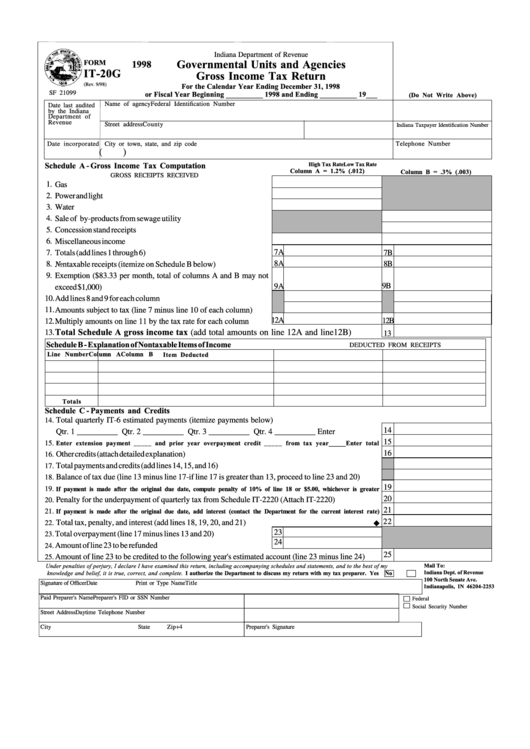 Fillable Form It-20g - Governmental Units And Agencies Gross Income Tax Return - 1998 Printable pdf