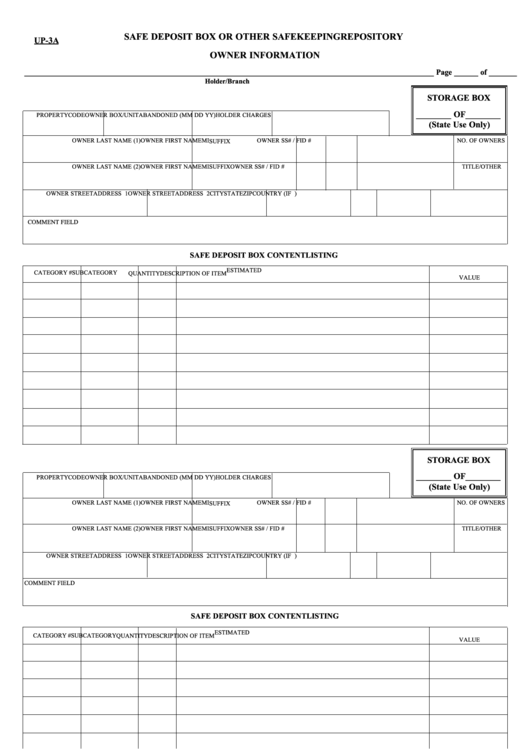 Form Up-3a - Safe Deposit Box Or Other Safekeeping Repository Owner Information Printable pdf