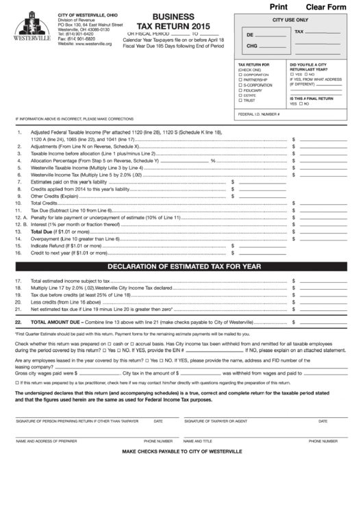 City Of Westerville Bussiness Tax Return - 2015 Printable pdf