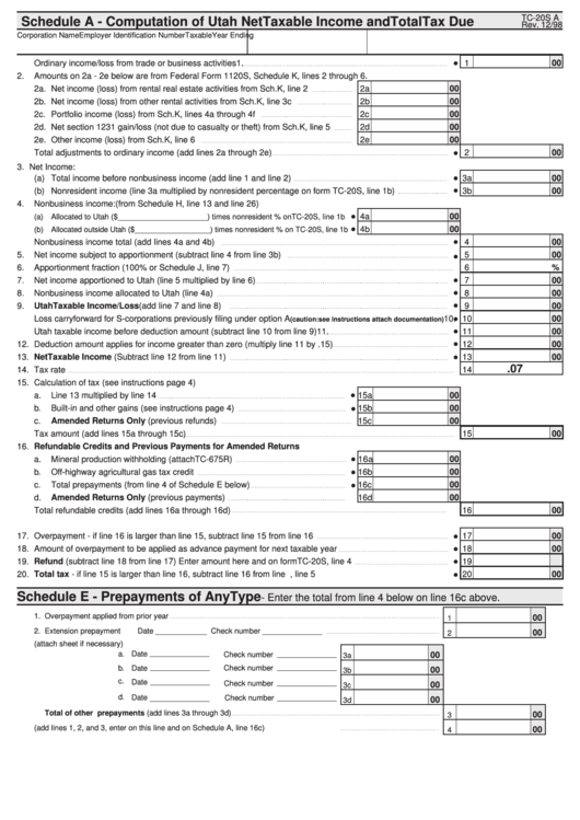 Fillable Form Tc-20s A - Schedule A - Computation Of Utah Net Taxable Income And Total Tax Due - 1998 Printable pdf