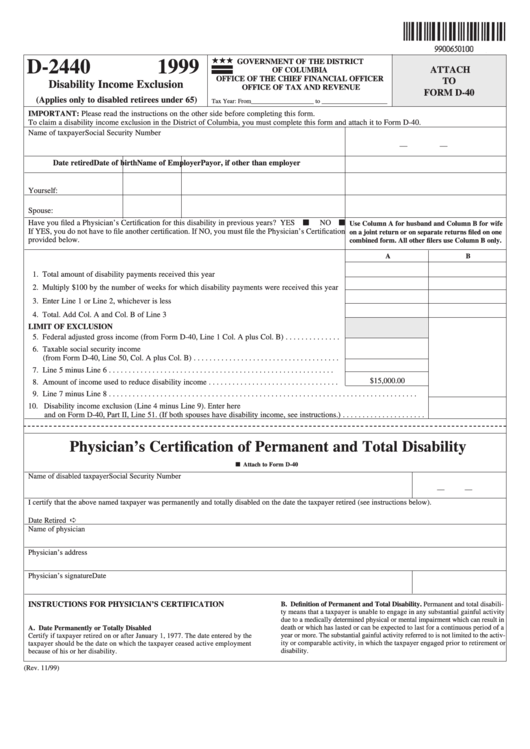 Form D-2440 - Attachment To Form D-40 - Disability Income Exclusion - 1999 Printable pdf