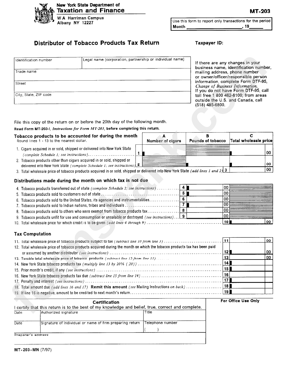 Form Mt-203 - Distributor Of Tobacco Products Tax Return - Nys Department Of Taxation