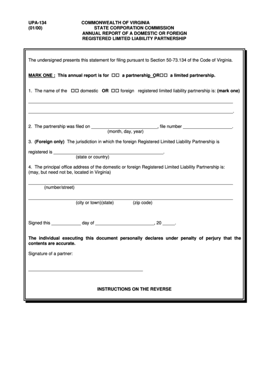 Form Upa-134 - Annual Report Of A Domestic Or Foreign Registered Limited Liability Partnership Printable pdf