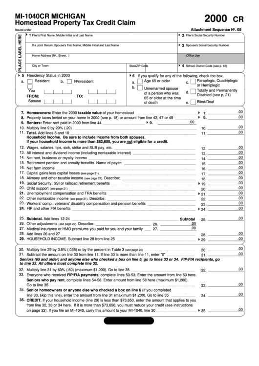 Form Mi-1040cr - Michigan Homestead Property Tax Credit Claim 2000 Printable pdf