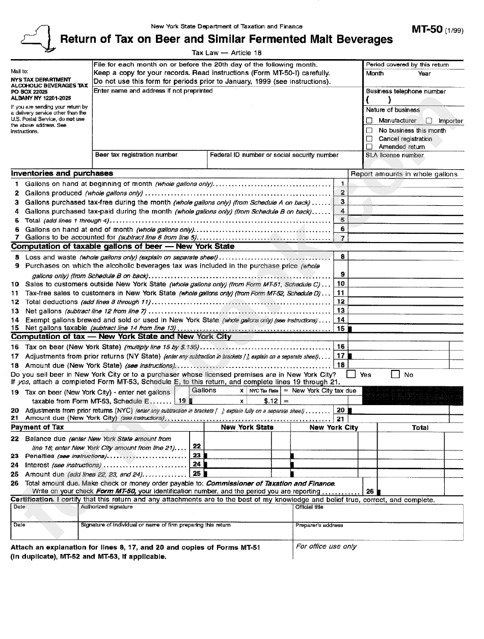 Form Mt-50 - Return Of Tax On Beer And Similar Fermented Malt Beverages - Nys Department Of Taxation And Finance