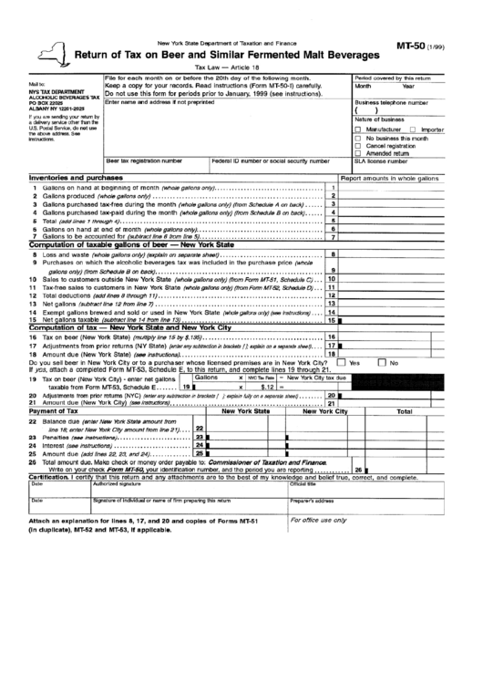 Fillable Form Mt-50 - Return Of Tax On Beer And Similar Fermented Malt Beverages - Nys Department Of Taxation And Finance Printable pdf