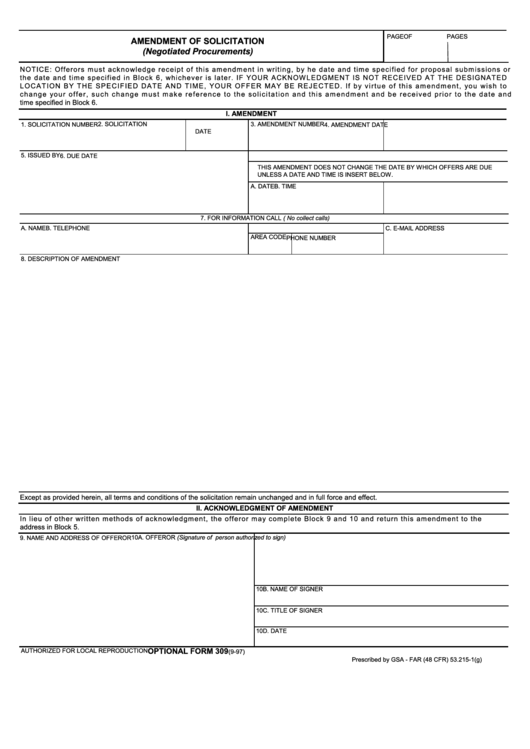 Fillable Optional Form 309 - Amendment Of Solicitation Printable pdf