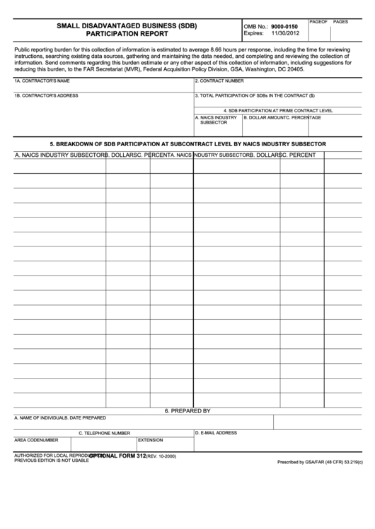 Fillable Optional Form 312 - Small Disadvantaged Business (Sdb) Participation Report Printable pdf