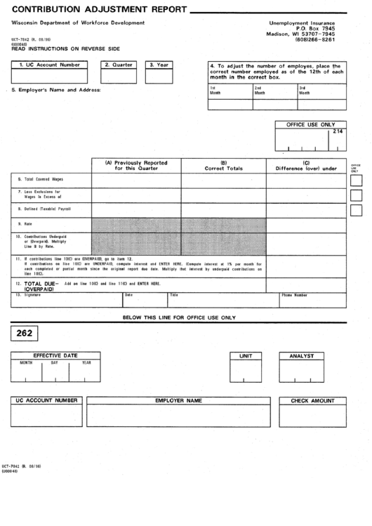 Form Uct-7842 - Contribution Adjustment Report - Wisconsin Department Of Workforce Development Printable pdf