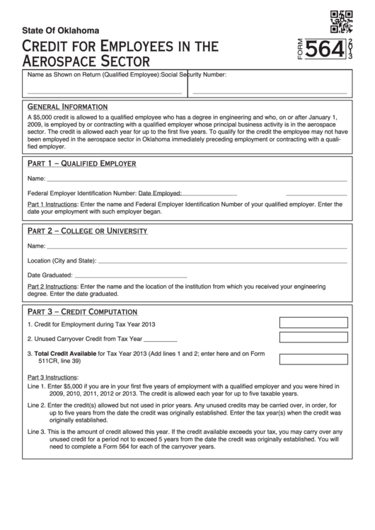 Fillable Form 564 - Credit For Employees In The Aerospace Sector - 2013 Printable pdf