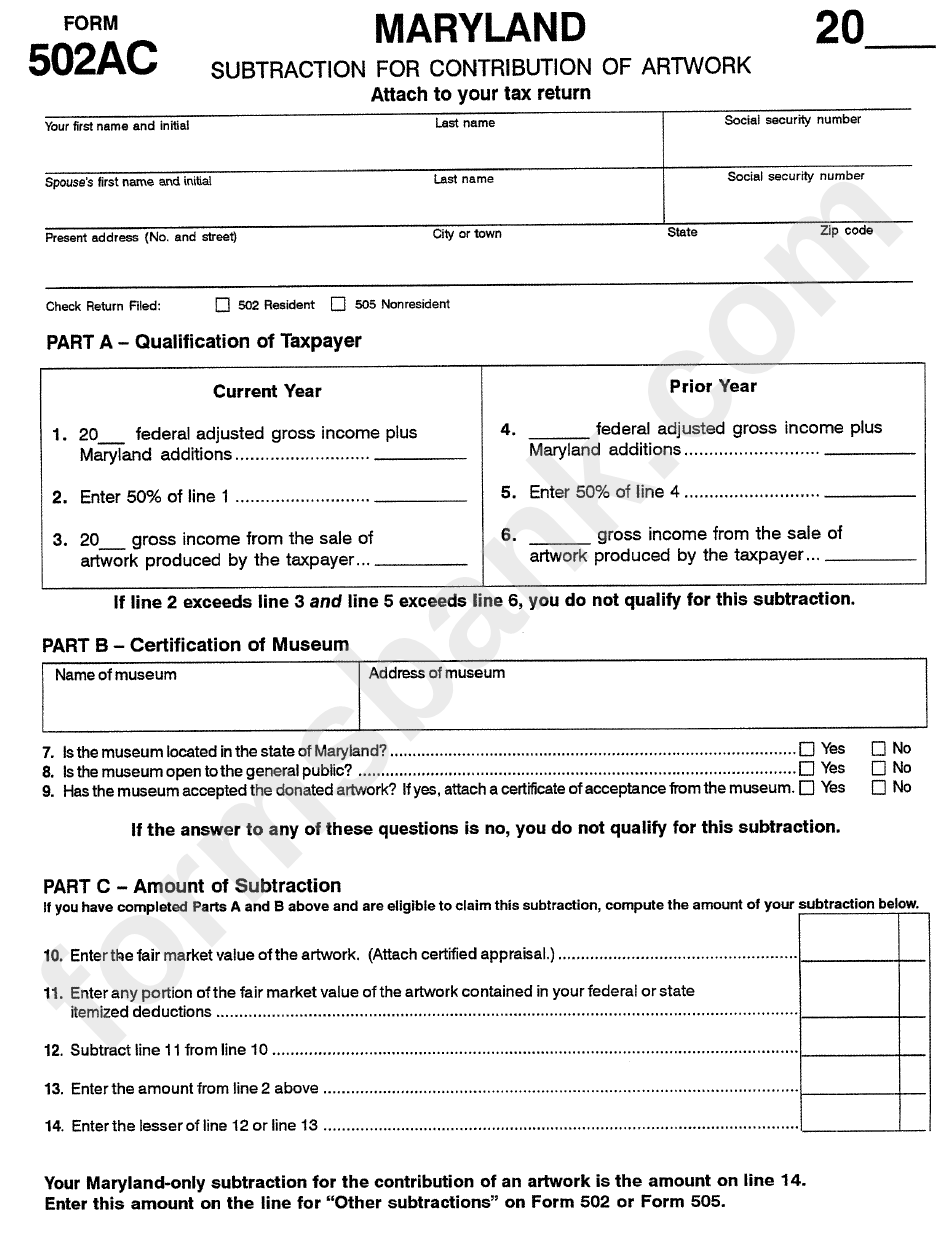 Form 502ac - Maryland Subtraction For Contribution Of Artwork