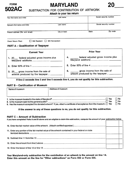 Form 502ac - Maryland Subtraction For Contribution Of Artwork Printable pdf
