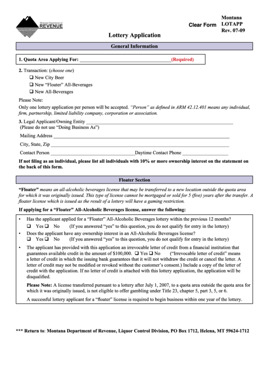 Fillable Montana Form Lotapp - Lottery Application Printable pdf