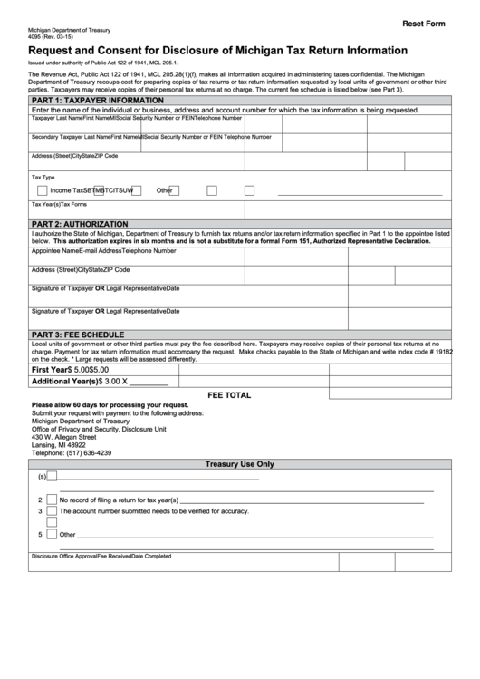 Form 4095 - Request And Consent For Disclosure Of Michigan Tax Return Information - 2015 Printable pdf