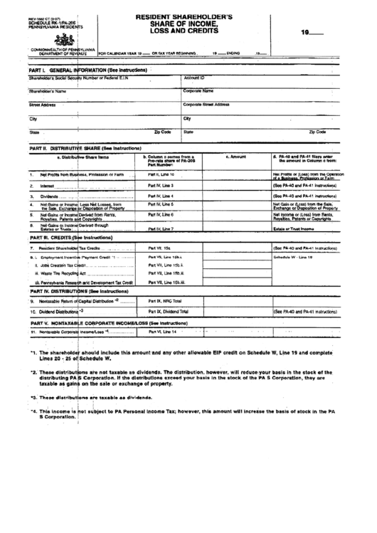 Fillable Form Rev1682 Schedule RkT/pa20s Resident Shareholder'S