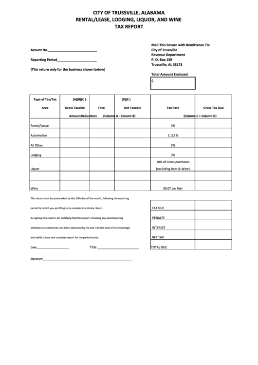 Rental/lease, Lodging, Liquor, And Wine Tax Report - City Of Trussville - Revenue Department Form Printable pdf