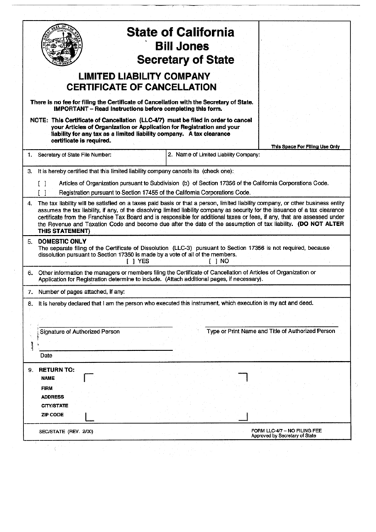 Form Llc 4 7 Limited Liability Company Certificate Of Cancellation California Secretary Of