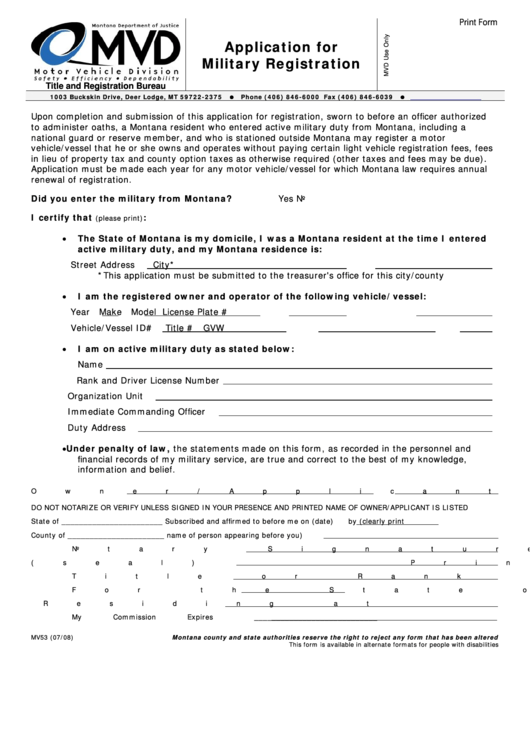 Fillable Form Mv53 - Application For Military Registration Printable pdf