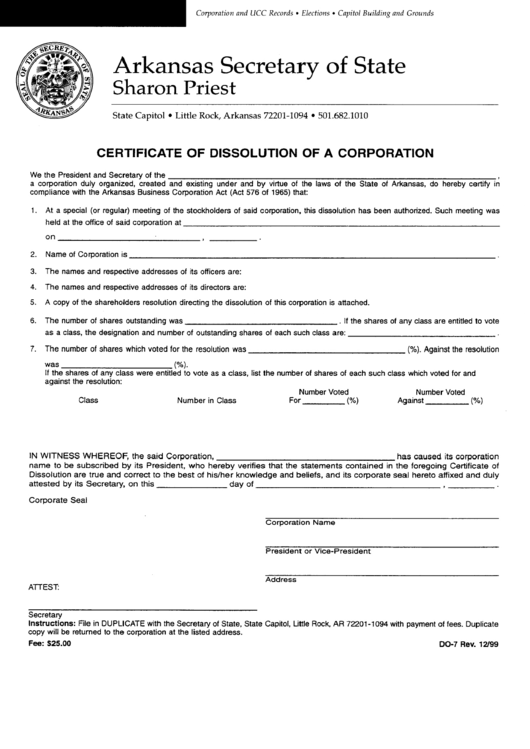 Form Do-7 - Certificate Of Dissolution Of A Corporation 1999 Printable pdf