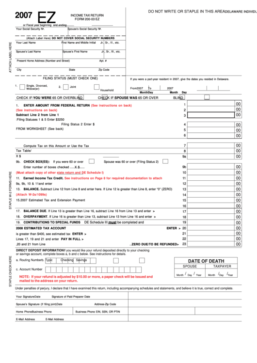 Fillable Form 200-03 Ez - Delaware Individual Resident Income Tax Return - 2007 Printable pdf