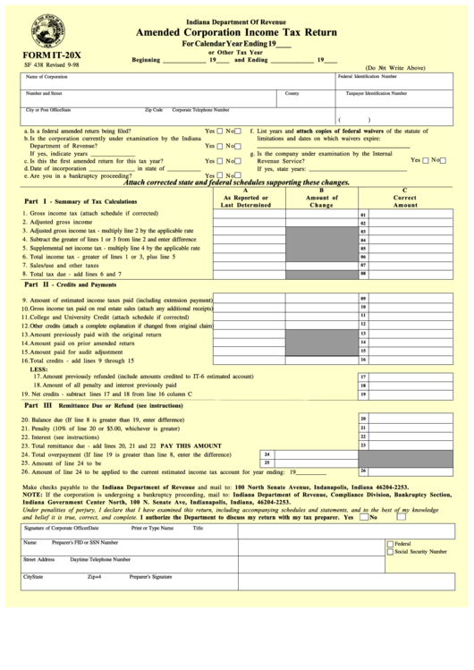 Fillable Form It-20x - Amended Corporation Income Tax Return - Indiana Department Of Revenue - Yellow Printable pdf