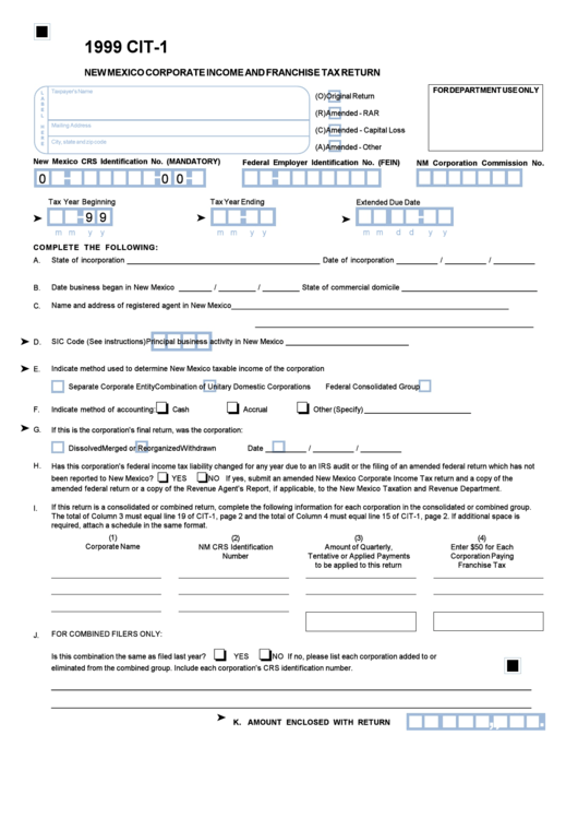 Form Cit-1 - New Mexico Corporate Income And Franchise Tax Return - 1999 Printable pdf