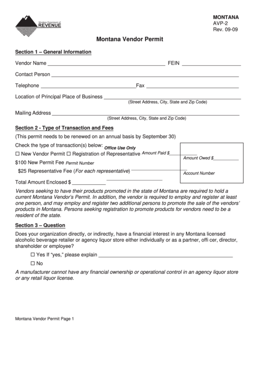 Montana Form Avp-2 - Montana Vendor Permit Printable pdf