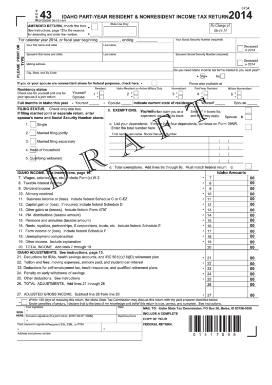 Form 43 Draft - Idaho Part-Year Resident & Nonresident Income Tax Return - 2014 Printable pdf