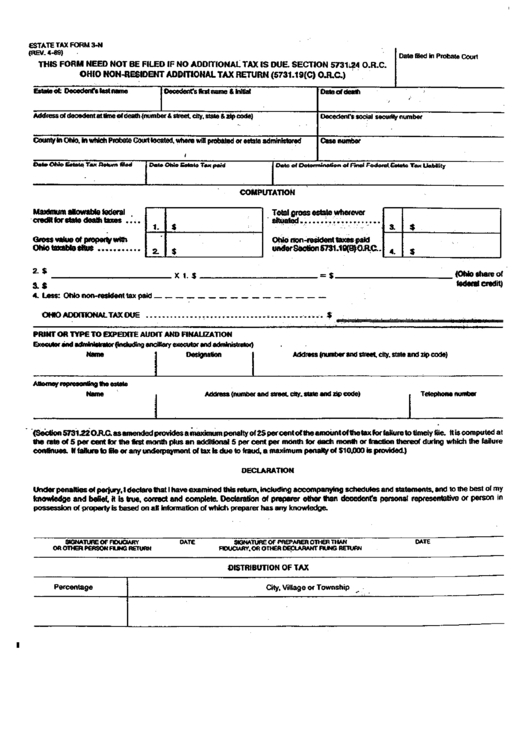 Form 3 N Ohio Non Resident Additional Tax Return 5731 19 C O r c 