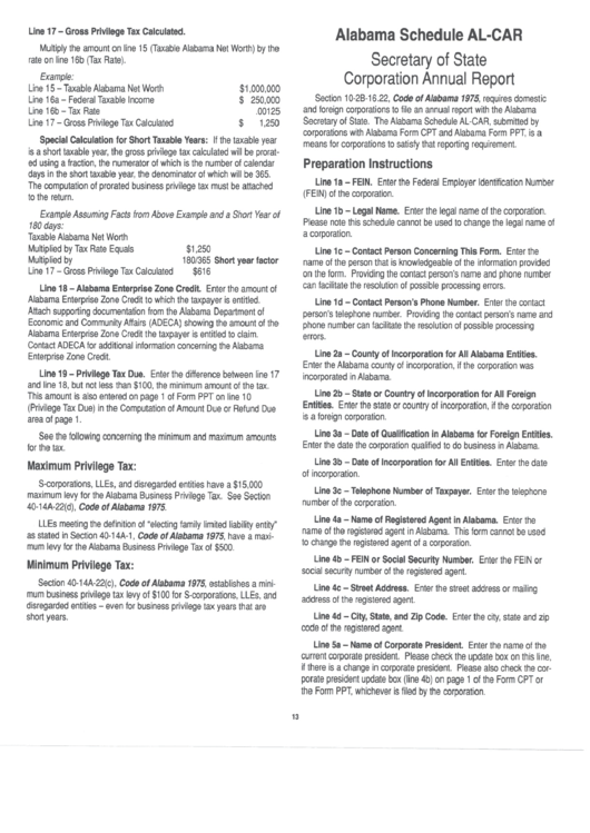 Alabama Schedule Al-Car - Corporation Annual Report Printable pdf