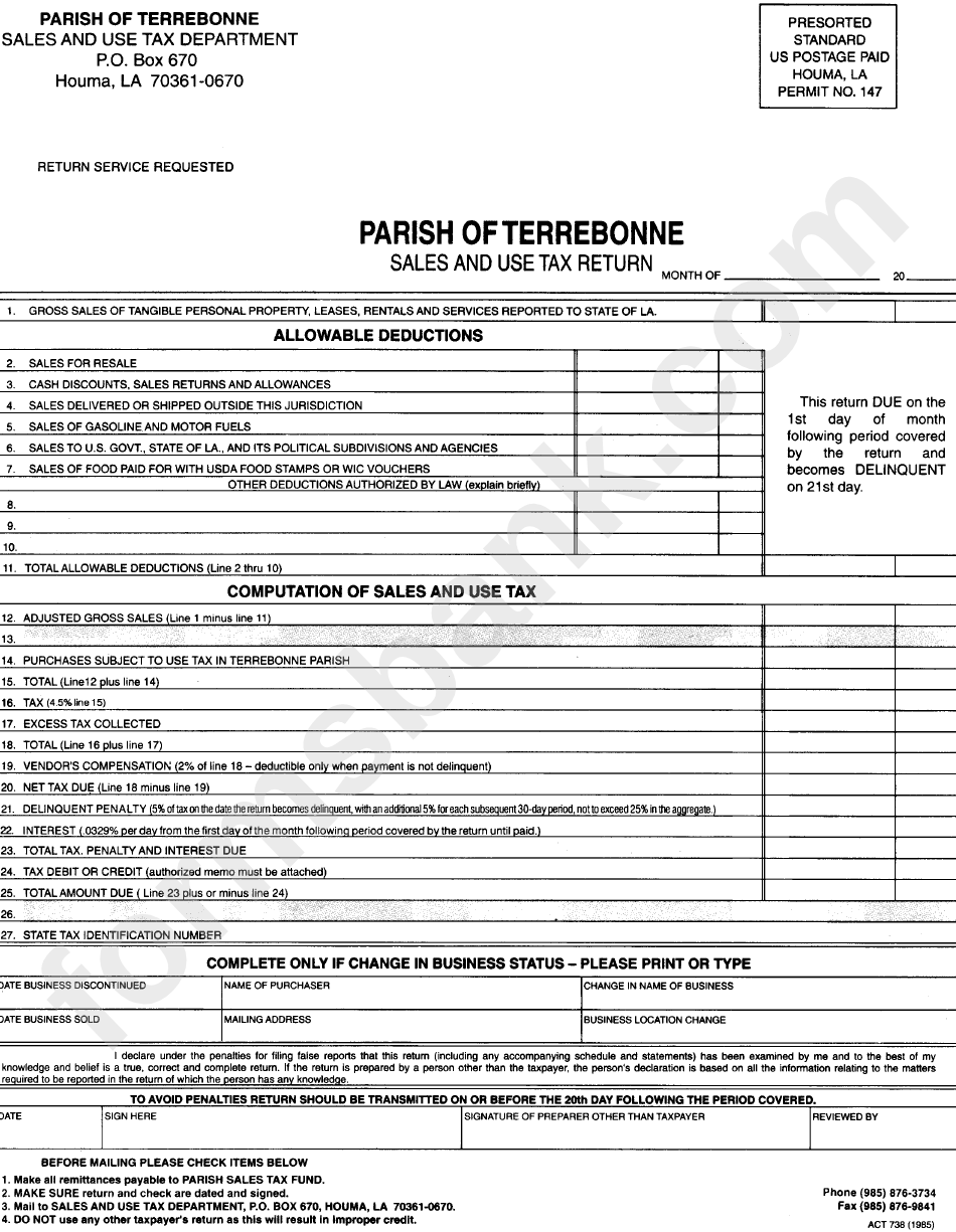 Form Act 738 - Sales And Use Tax Return - Parish Of Terrebonne
