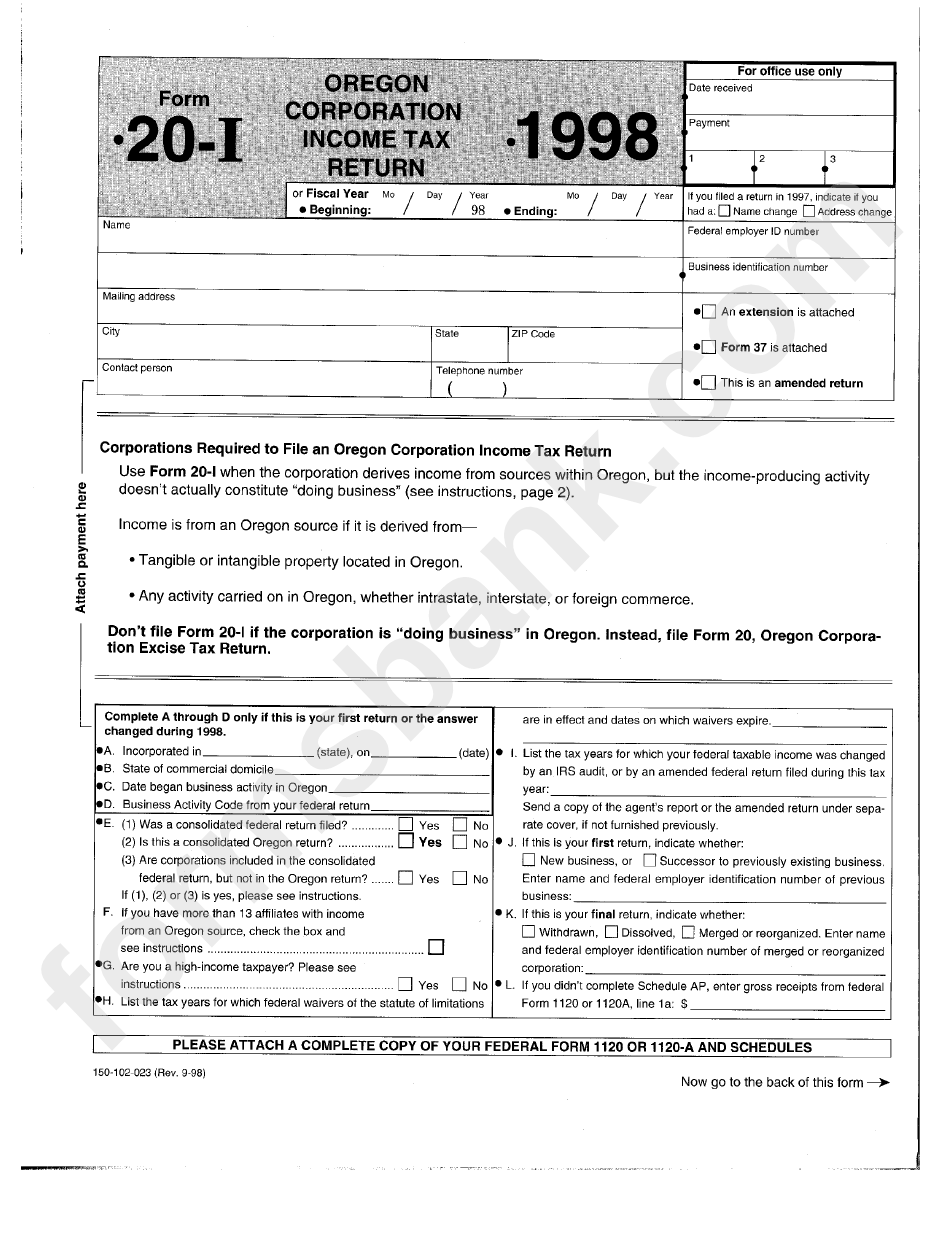 Form 20-I - Oregon Corporation Income Tax Return - 1998