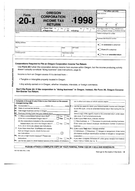 Fillable Form 20-I - Oregon Corporation Income Tax Return - 1998 Printable pdf